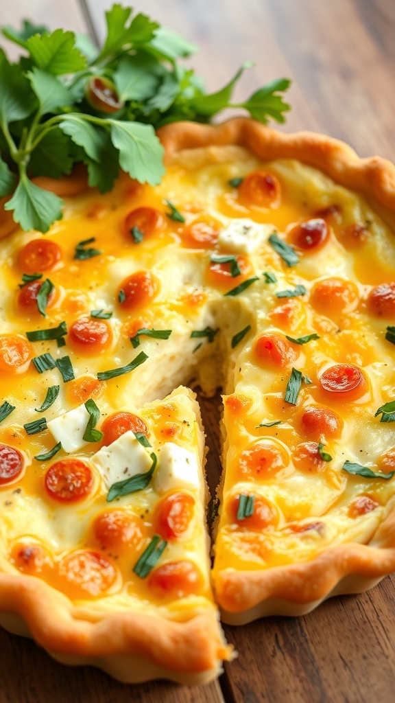 A golden three cheese quiche with a flaky crust, filled with cheddar, mozzarella, and feta, garnished with herbs, on a wooden table.